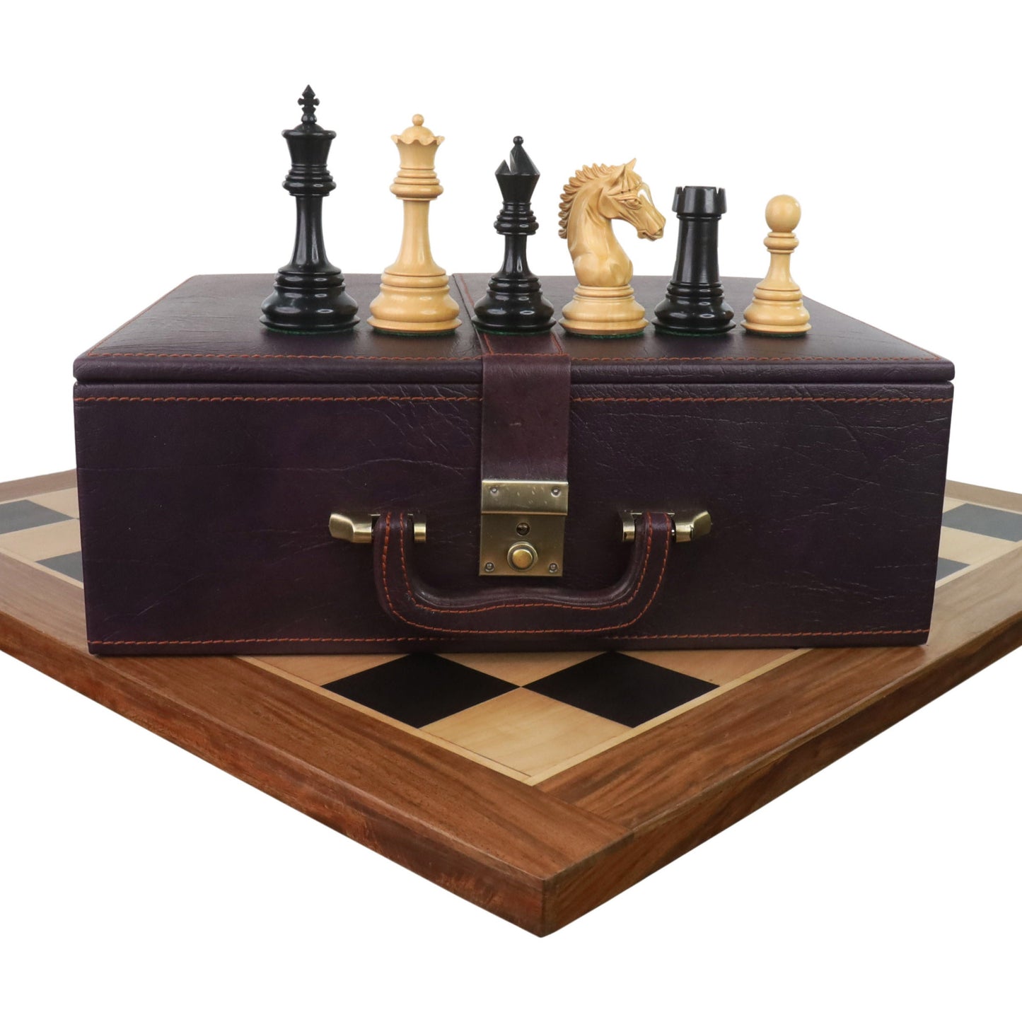 Leicht fehlerhaftes 4,5" gekipptes Springer-Luxus-Staunton-Schachspiel - Nur Schachfiguren - Ebenholz und Buchsbaum