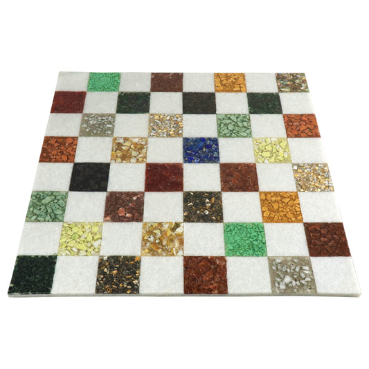 18'' Borderless Marble Luxury Chess Board-White & Multi Coloured Semi-Precious Stones