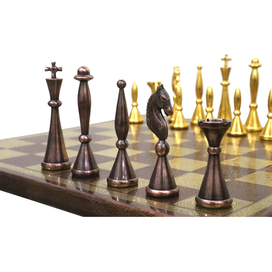 14" Brass Metal Modern Luxury Chess Pieces & Board Set- Antique Copper & Gold