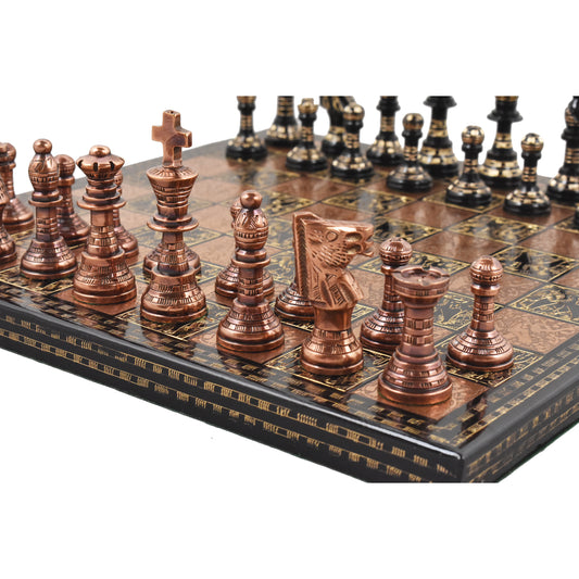 12" Brass Metal Luxury Chess Pieces & Board Set- French Staunton -Copper & Black