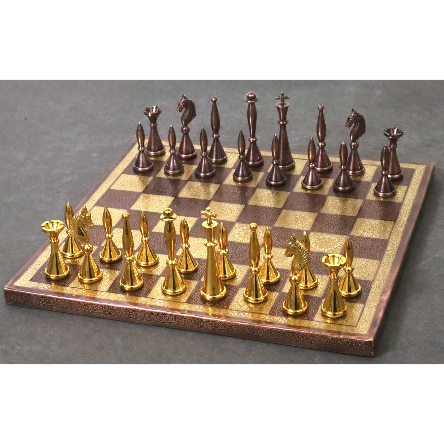 14" Brass Metal Modern Luxury Chess Pieces & Board Set- Antique Copper & Gold