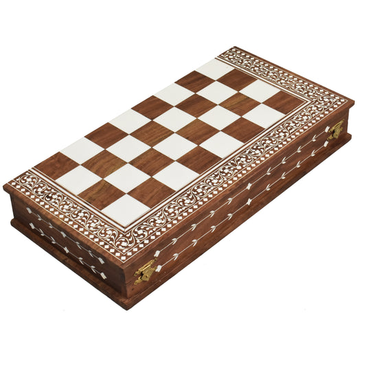 15" Artisanal Folding Wooden Chess Board- Inlaid Sheesham Wood & Faux Ivory