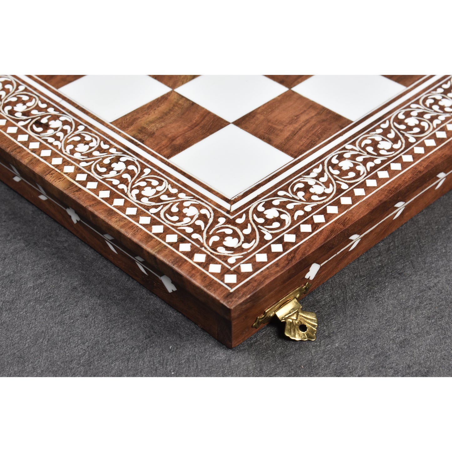 15" Artisanal Folding Wooden Chess Board- Inlaid Sheesham Wood & Faux Ivory