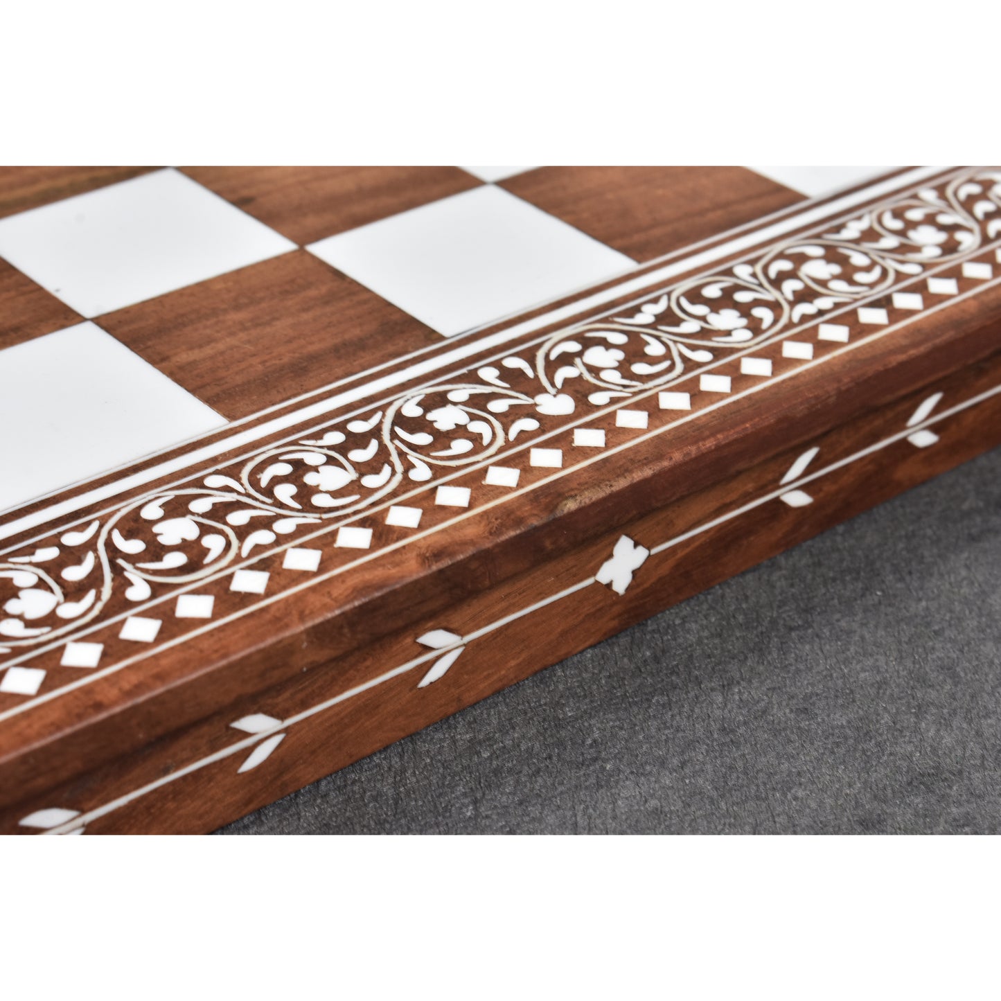 15" Artisanal Folding Wooden Chess Board- Inlaid Sheesham Wood & Faux Ivory