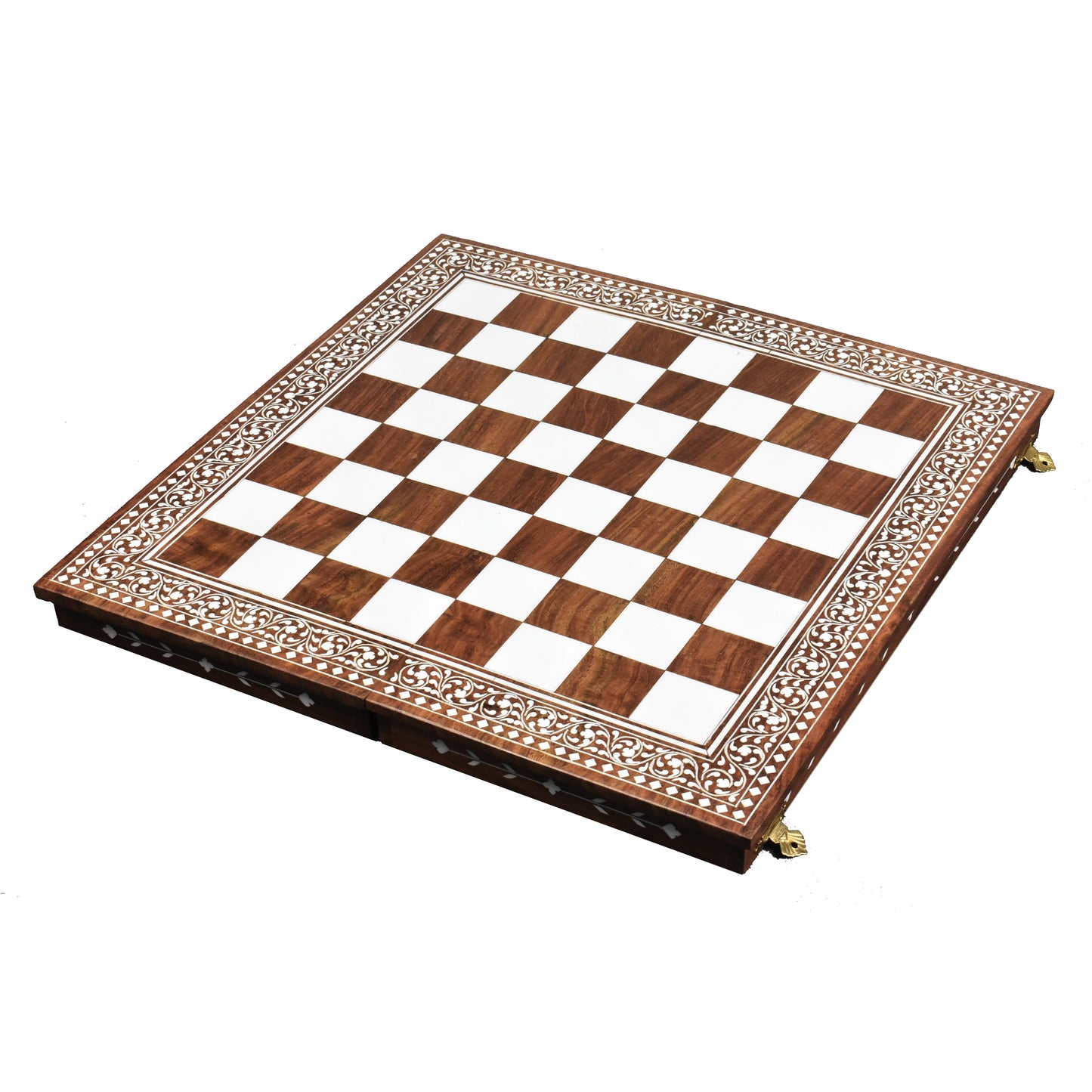 15" Artisanal Folding Wooden Chess Board- Inlaid Sheesham Wood & Faux Ivory