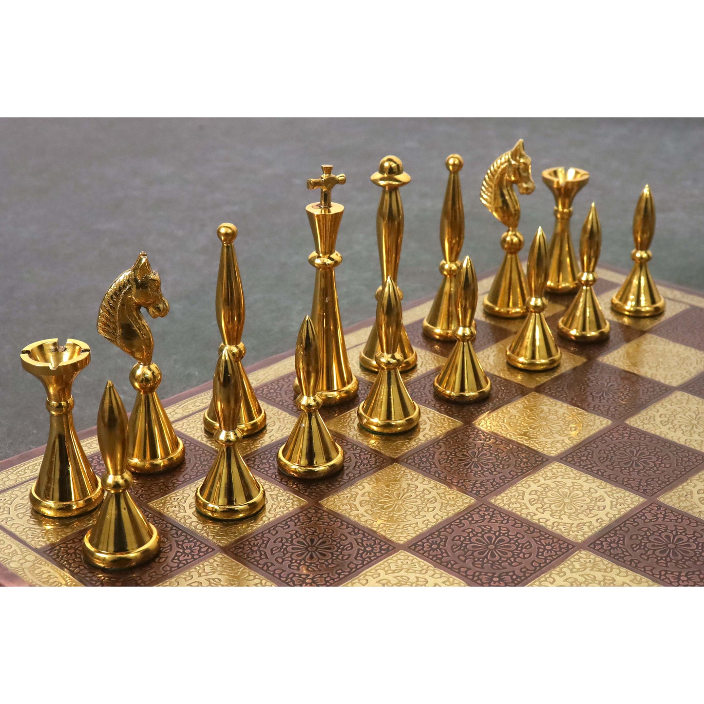 14" Brass Metal Modern Luxury Chess Pieces & Board Set- Antique Copper & Gold