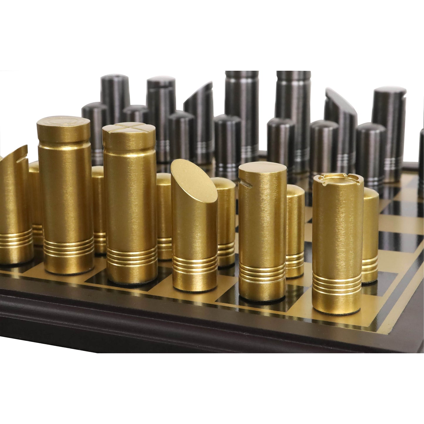 14" Tower Series Brass Metal Luxury Chess Pieces & Board Combo Set - Gold & Grey