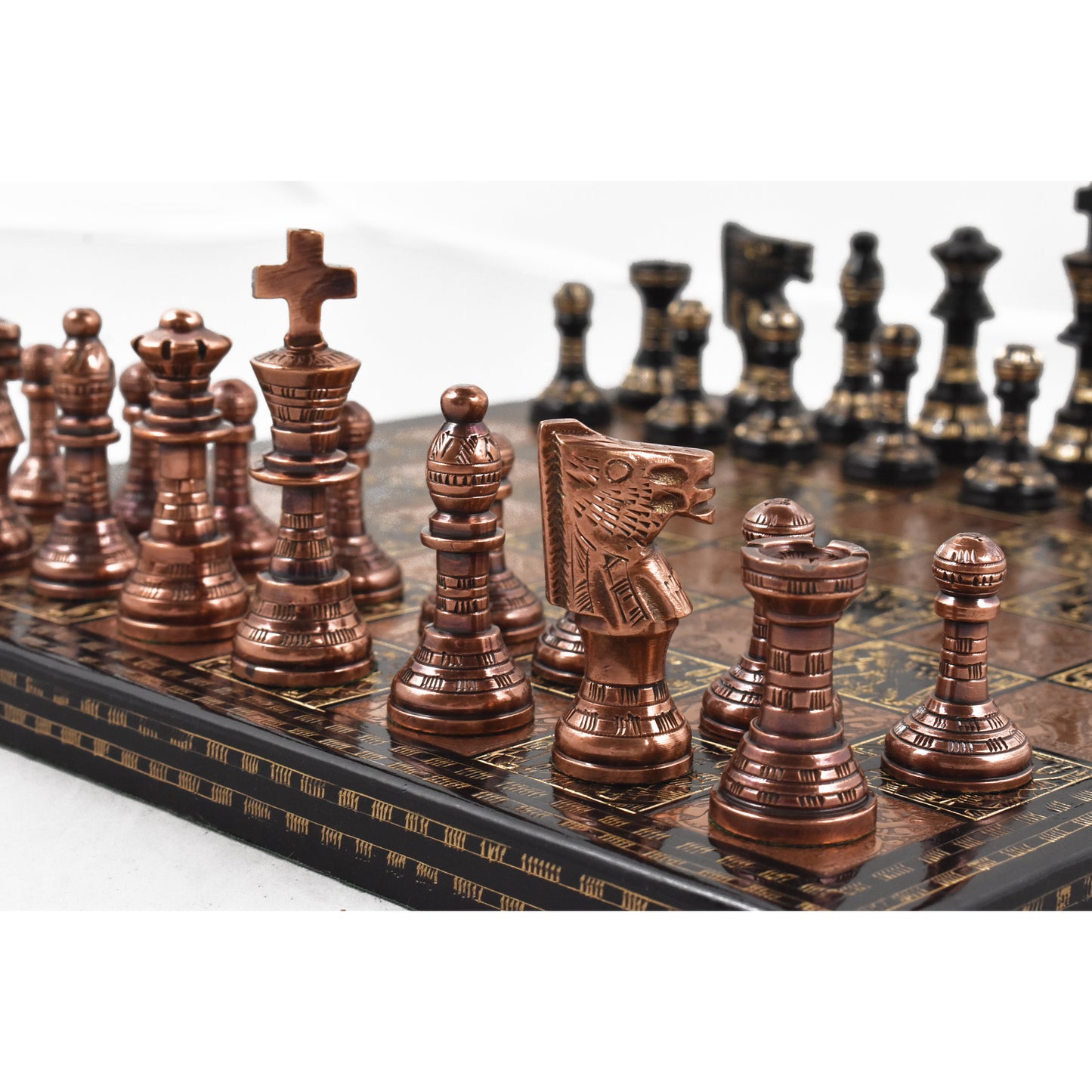 12" Brass Metal Luxury Chess Pieces & Board Set- French Staunton -Copper & Black