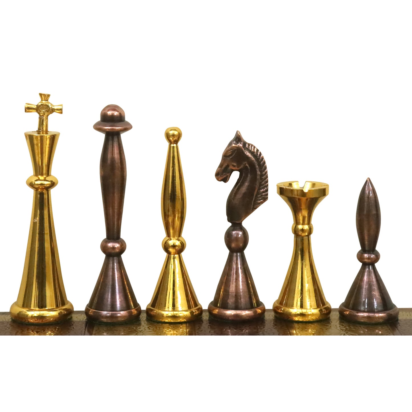 14" Brass Metal Modern Luxury Chess Pieces & Board Set- Antique Copper & Gold