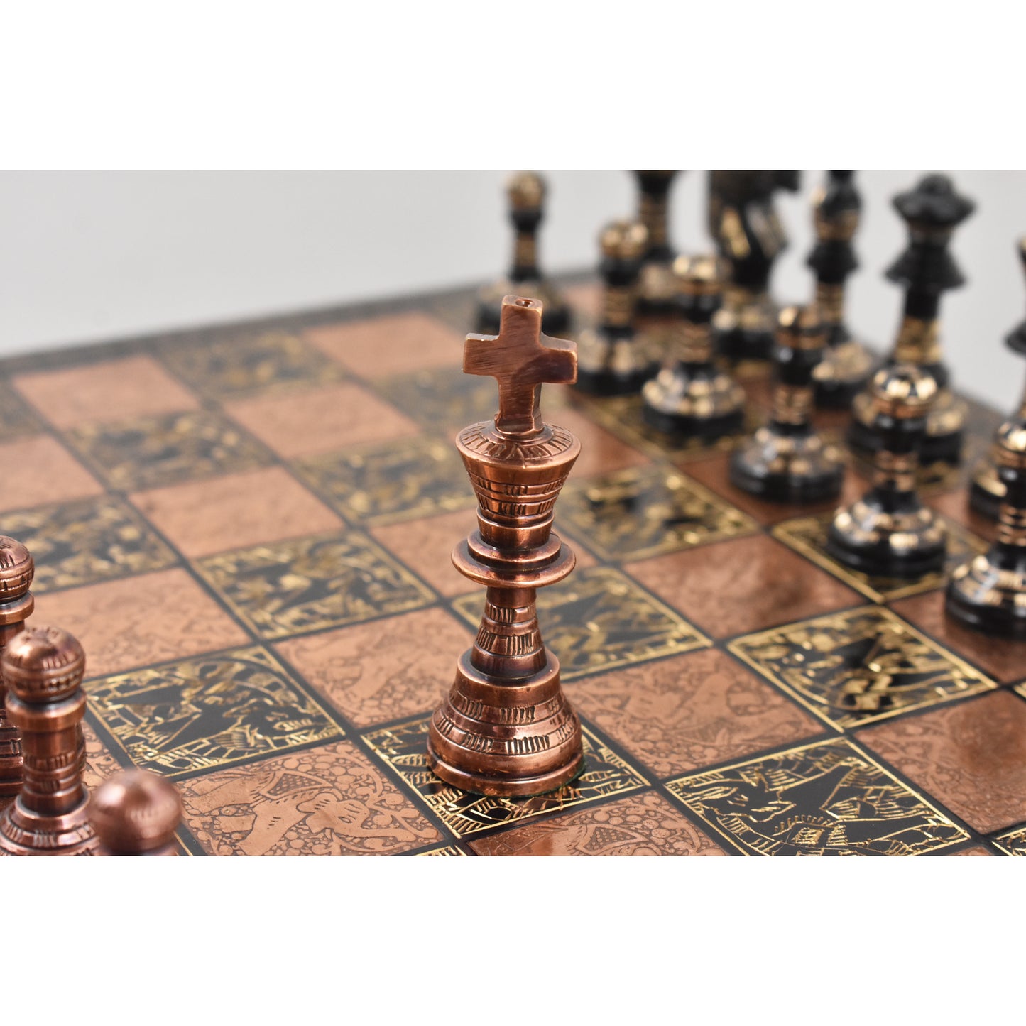 12" Brass Metal Luxury Chess Pieces & Board Set- French Staunton -Copper & Black