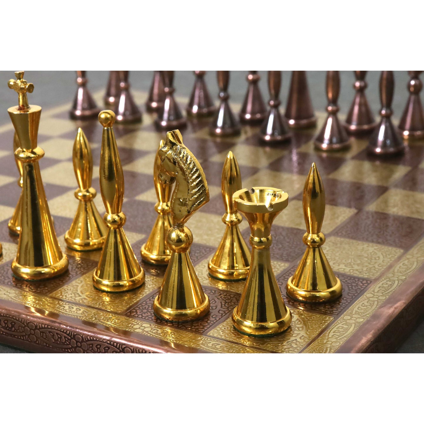 14" Brass Metal Modern Luxury Chess Pieces & Board Set- Antique Copper & Gold